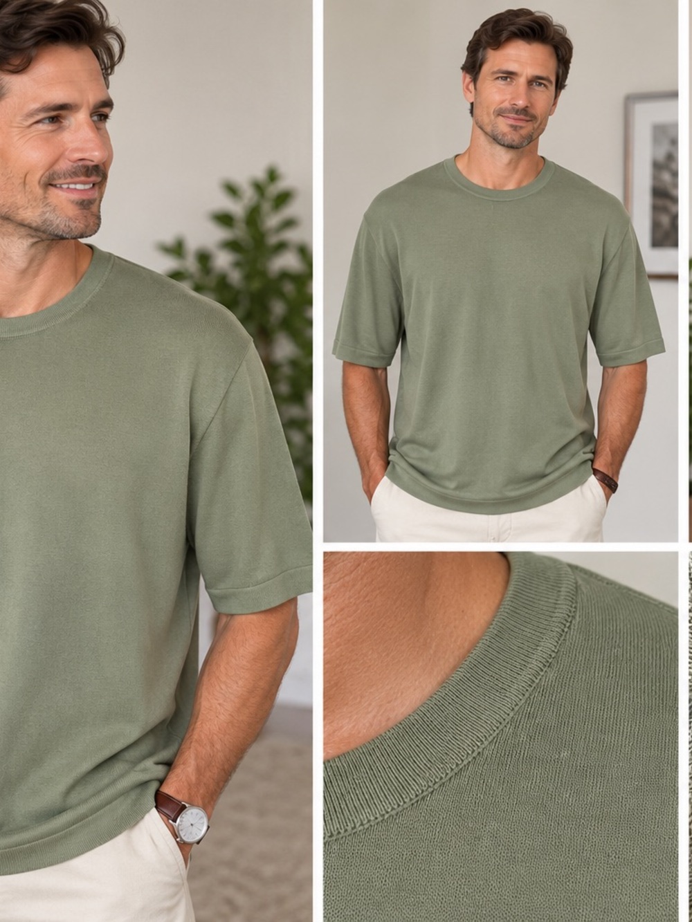 Men's Crewneck Sweater Tee in Olive Green